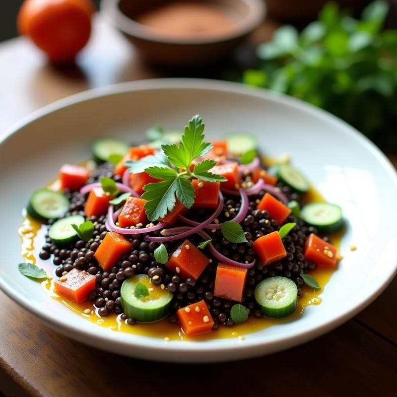 Ensalada de Lentejas Beluga con Vinagreta de Granadilla: Receta Peruana Refrescante en 15 Minutos