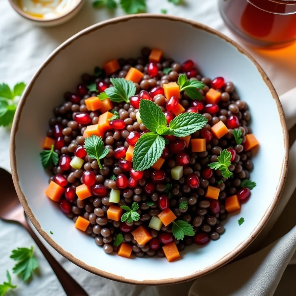 Ensalada de Lentejas Beluga con Vinagreta de Granadina y Menta: Receta Iraní Vegana