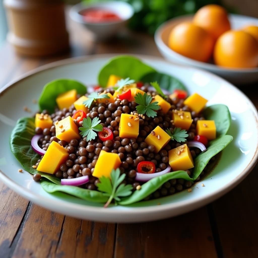 Ensalada de Lentejas Beluga con Vinagreta de Mango y Cúrcuma: Receta India Vegana y Detox