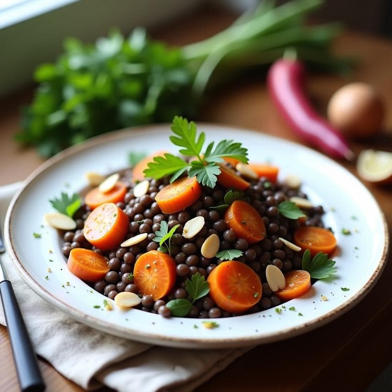 Ensalada de Lentejas Beluga con Zanahoria Glaseada y Aliño de Mostaza de Dijon: Receta Francesa Vegana