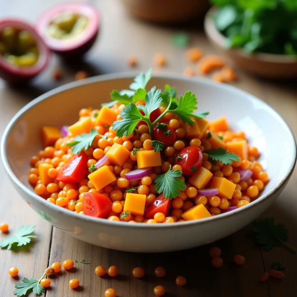 Ensalada de Lentejas de Coral y Granadilla: Receta Mexicana Vegana con Toque Dulce