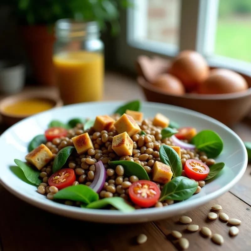 Ensalada de Lentejas con Espinacas y Tofu Ahumado: Receta Alta en Proteína y Sin Cocción