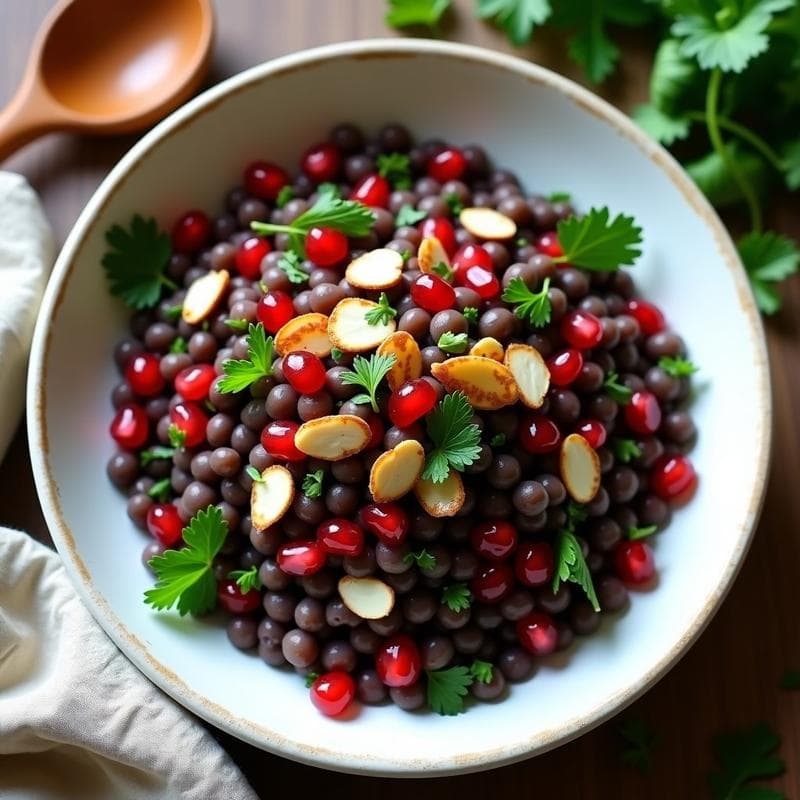 Ensalada de Lentejas Beluga y Granados con Vinagreta de Mostaza y Miel: Receta Árabe sin Cocinar