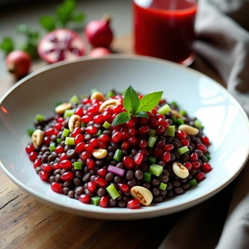 Ensalada de Lentejas Beluga y Granados con Aderezo de Granadina: Receta Vegana y Rica en Hierro