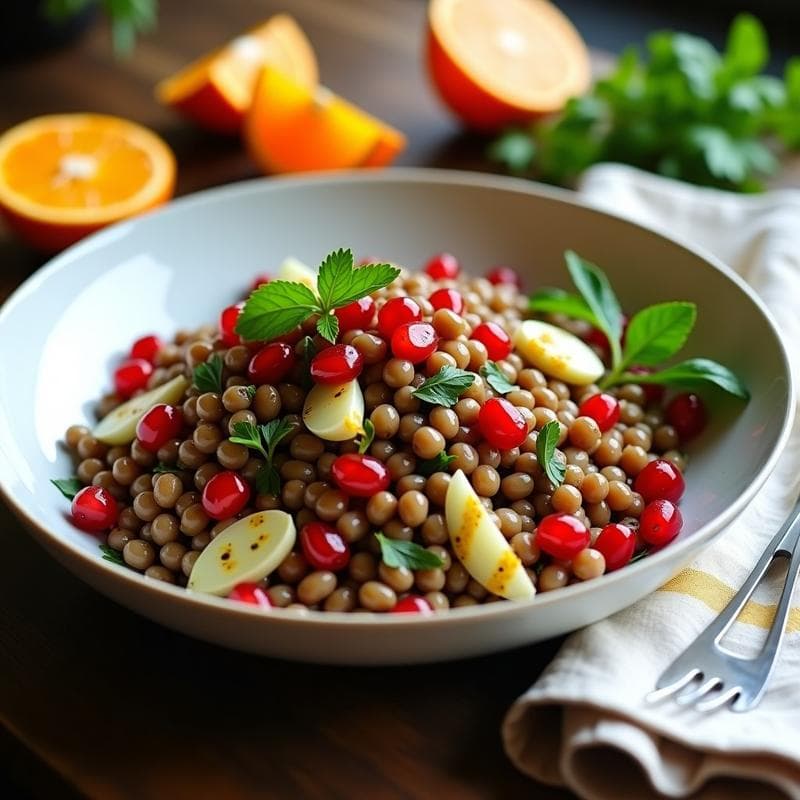 Ensalada de Lentejas, Granados y Hinojo con Vinagreta de Naranja: Receta Griega Vegana