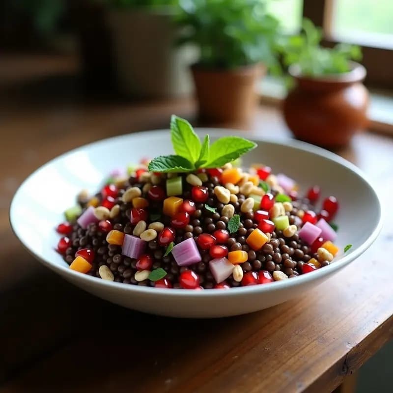 Ensalada de Lentejas y Granados: Receta Persa Fresca con Vinagreta de Naranja y Canela
