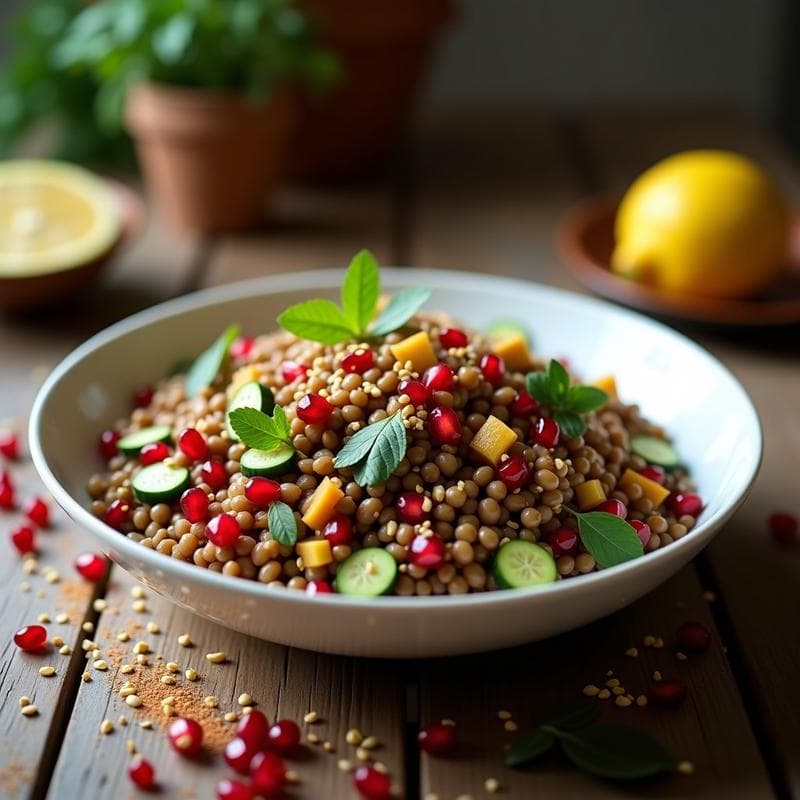 Ensalada de Lentejas y Granados con Vinagreta de Limón y Comino: Receta Árabe Vegana