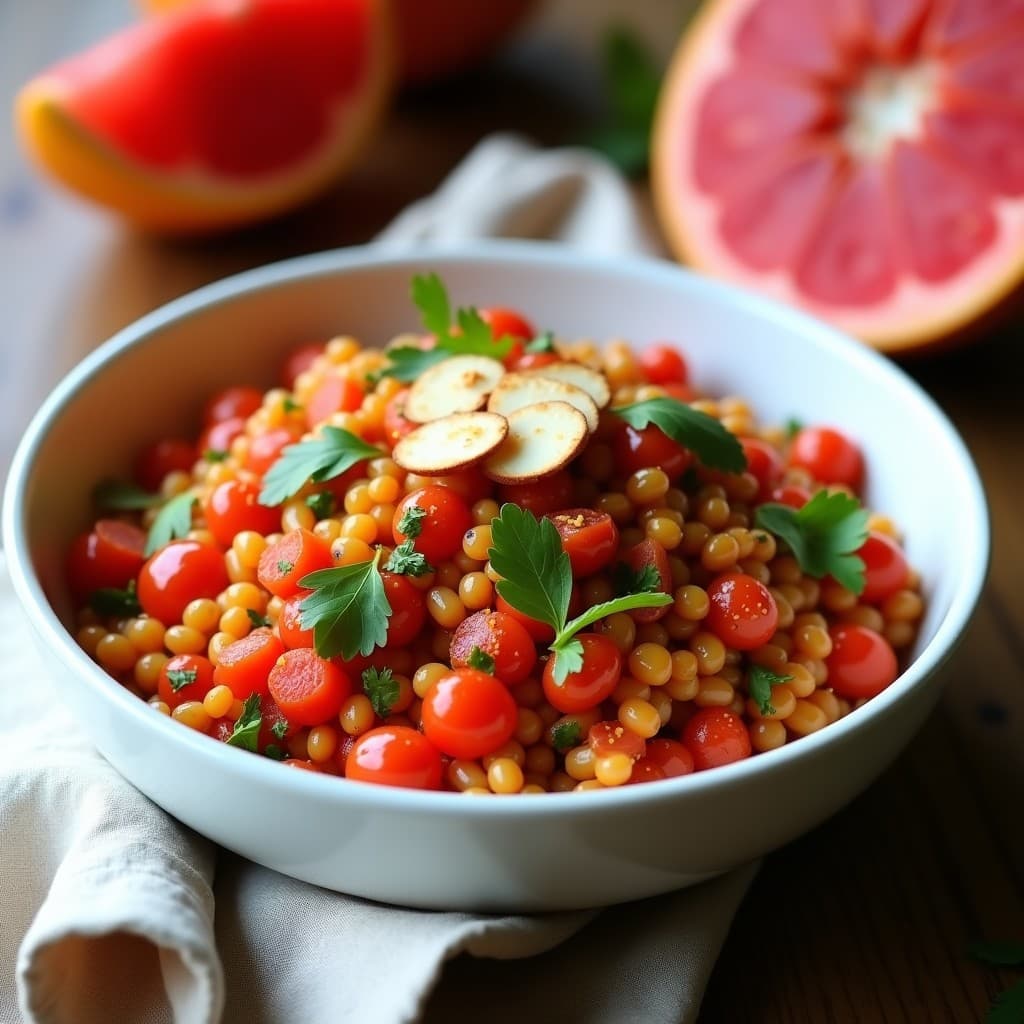 Ensalada de Lentejas Rojas y Granito de Pomelo con Vinagreta de Mostaza: Receta India Proteica