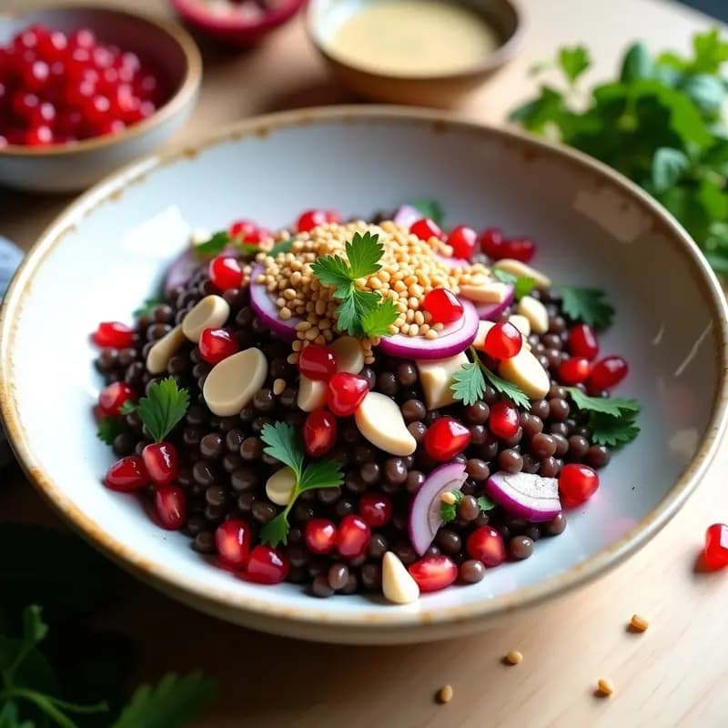 Ensalada de Lentejas Negras y Granada con Vinagreta de Sésamo: Receta Libanesa Vegana