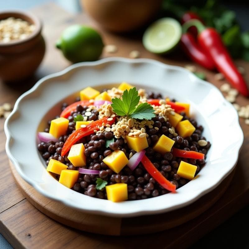 Ensalada de Lentejas Negras y Mango con Avena Tostada: Receta Vegana Alta en Hierro y Fibra