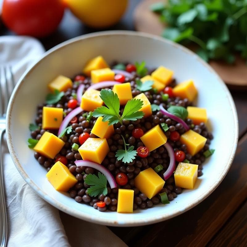 Ensalada de Lentejas Negras con Mango: Receta Fresca con Vinagreta de Limón en 15 Minutos