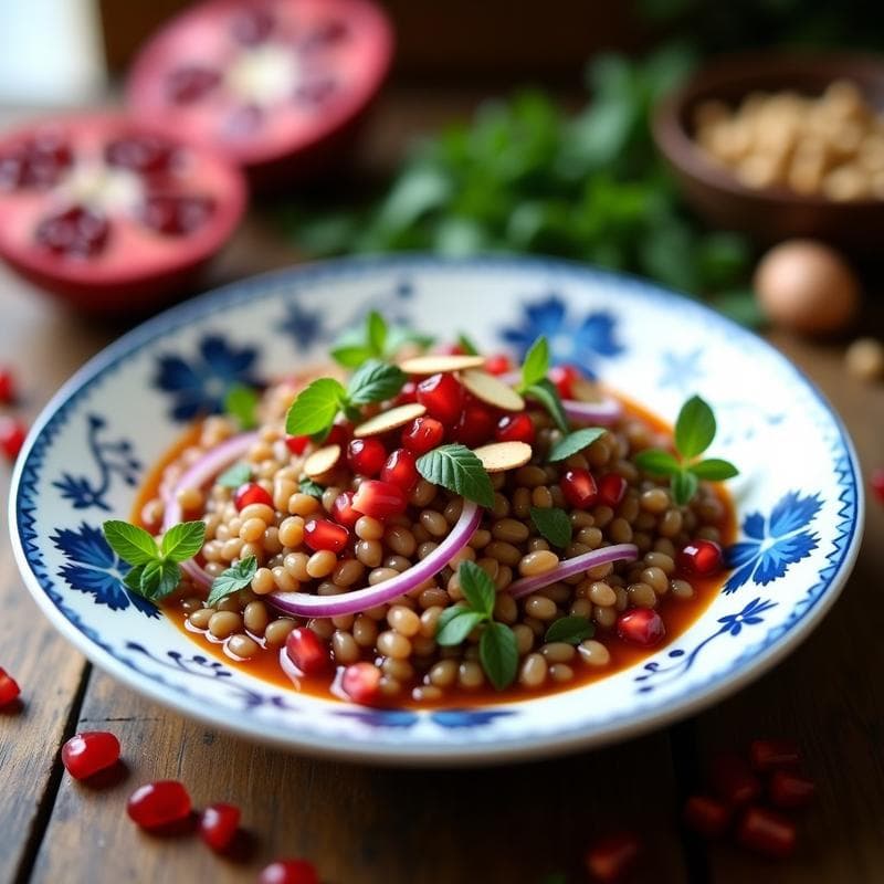 Ensalada de Lentejas Rojas y Granada con Vinagreta de Naränj: Receta Iraní Vegana