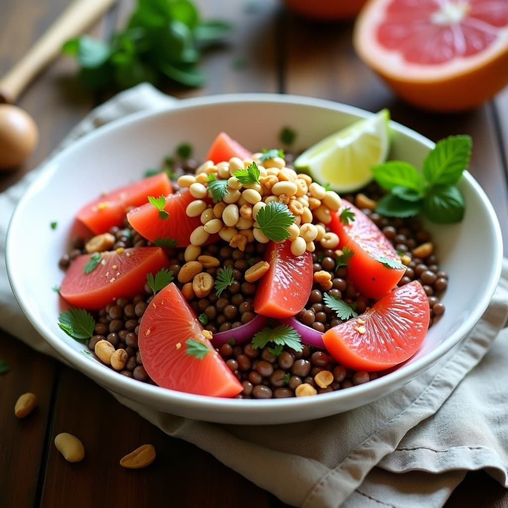 Ensalada de Lentejas Rojas y Pomelo Rosa: Receta Tailandesa Vegana con Toque Cítrico