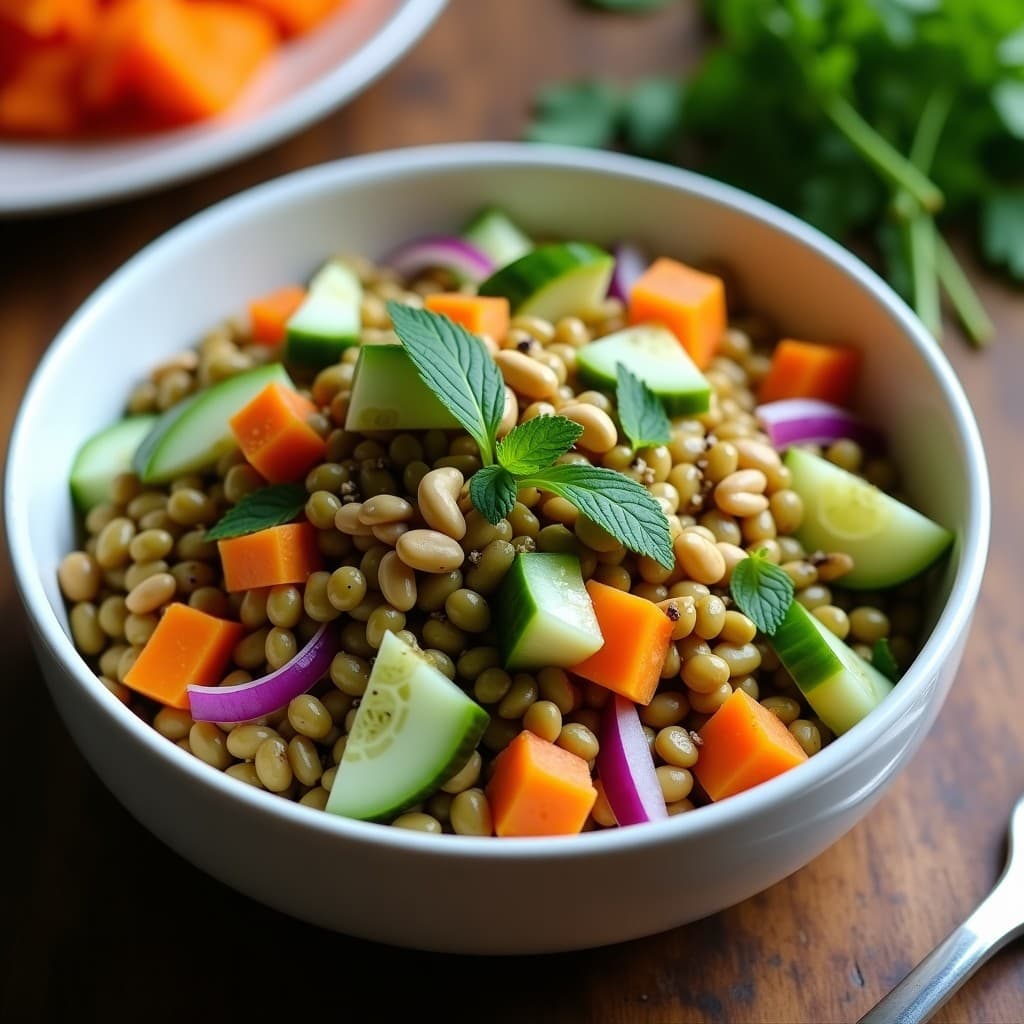 Ensalada de Lentejas Verdes con Vinagreta de Tamarindo y Cacahuete: Receta India Alta en Proteína