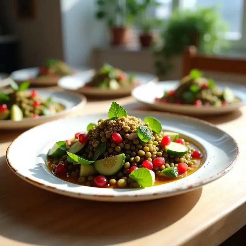 Ensalada de Lentillas con Vinagreta de Granados y Mentras: Receta Persa Sin Cocción