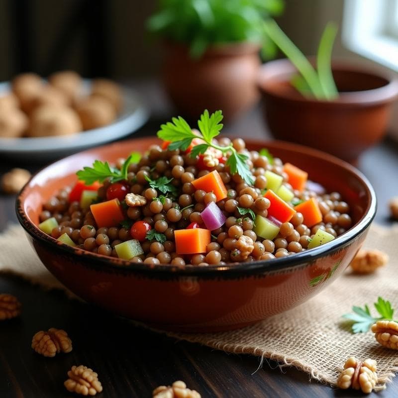 Ensalada de Lentillas con Vinagreta de Mosto y Nueces: Receta Española Tradicional y Vegana