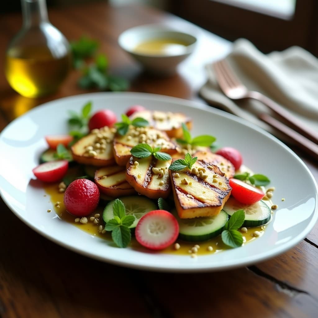 Ensalada de Lichi, Pepino y Queso Halloumi a la Plancha: Receta Griega Dulce-Salada en 10 Minutos
