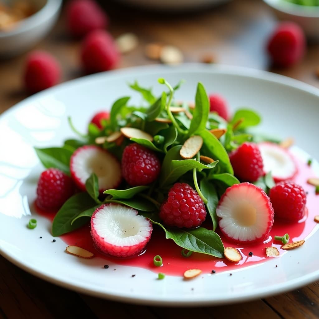 Ensalada de Litchi y Rúcula con Vinagreta de Frambuesa: Receta Crudivegana de Inspiración Francesa