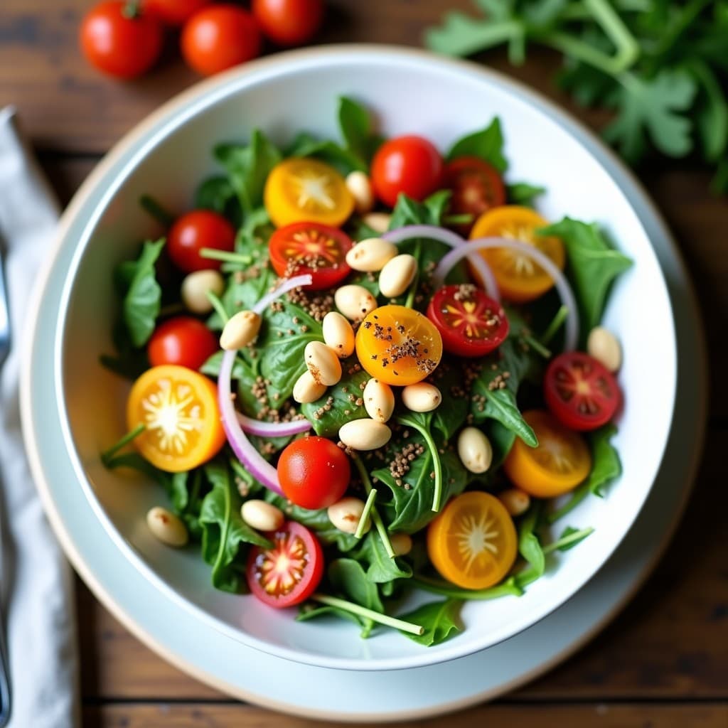Ensalada de Macadamia y Rúcula con Vinagreta de Vinagre Balsámico y Miel de Agave: Receta Australiana Vegana