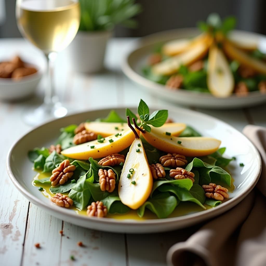 Ensalada de Mache, Peras al Vino Blanco y Nueces Caramelizadas: Receta Francesa con Toque Sofisticado