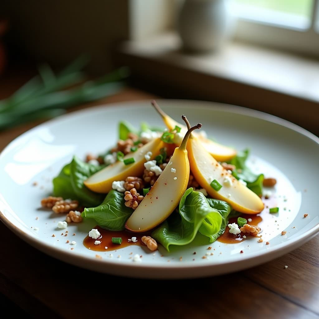 Ensalada de Mache (Canónigos) con Peras al Vino y Queso de Cabra: Receta Francesa Elegante en 15 Minutos