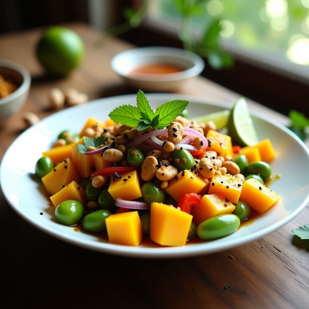 Ensalada de Mango, Edamame y Cacahuetes: Receta Tailandesa con Proteína Vegetal