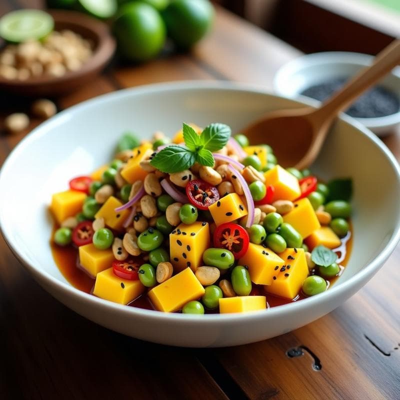 Ensalada de Mango, Edamame y Cacahuetes: Receta asiática con Aderezo de Lima y Miel de Agave