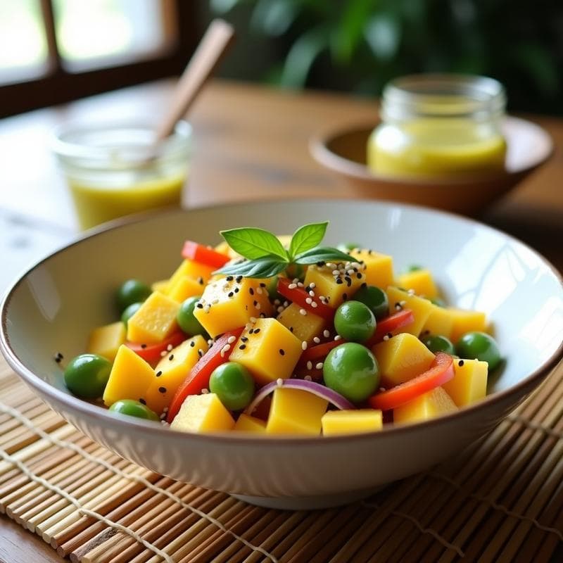 Ensalada de Mango, Edamame y Sésamo con Vinagreta de Wasabi: Receta Japonesa Baja en Calorías
