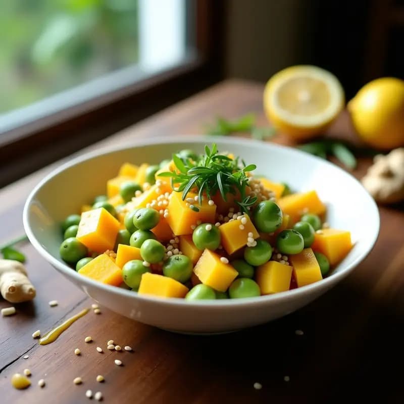 Ensalada de Mango Maduro y Edamame con Vinagreta de Miso Blanco: Receta Japonesa Crudivegana