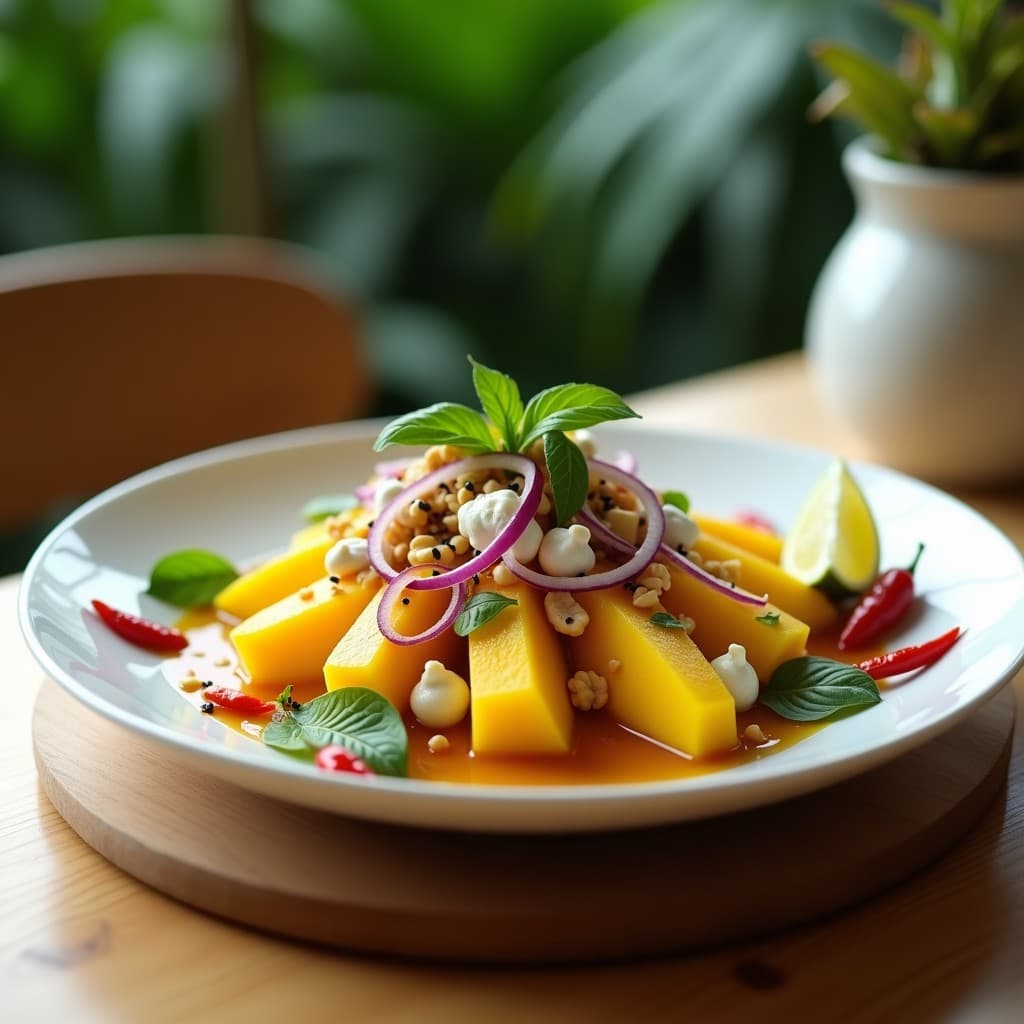 Ensalada de Mango Maduro y Queso de Cashew con Vinagreta de Limón y Chile: Receta Tailandesa Cruda