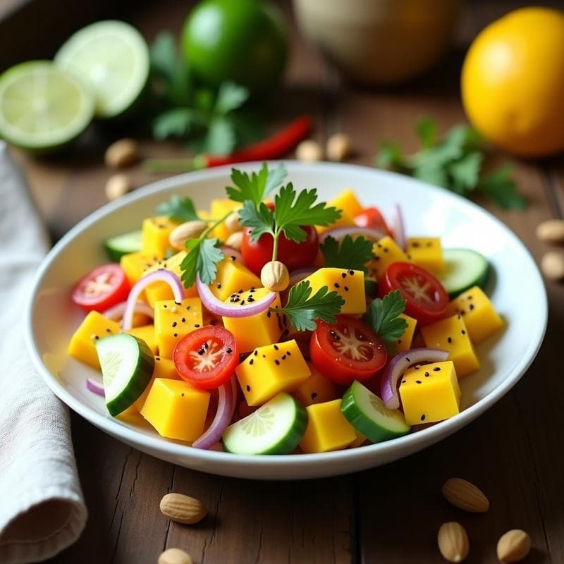 Ensalada de Mango, Pepino y Cacahuates con Aderezo de Lima y Chile: Receta Fresca y Sin Cocción