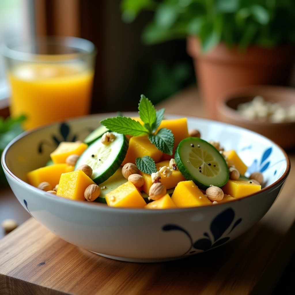 Ensalada de Mango, Pepino y Cacahuete: Receta India con Vinagreta de Lima y Cilantro