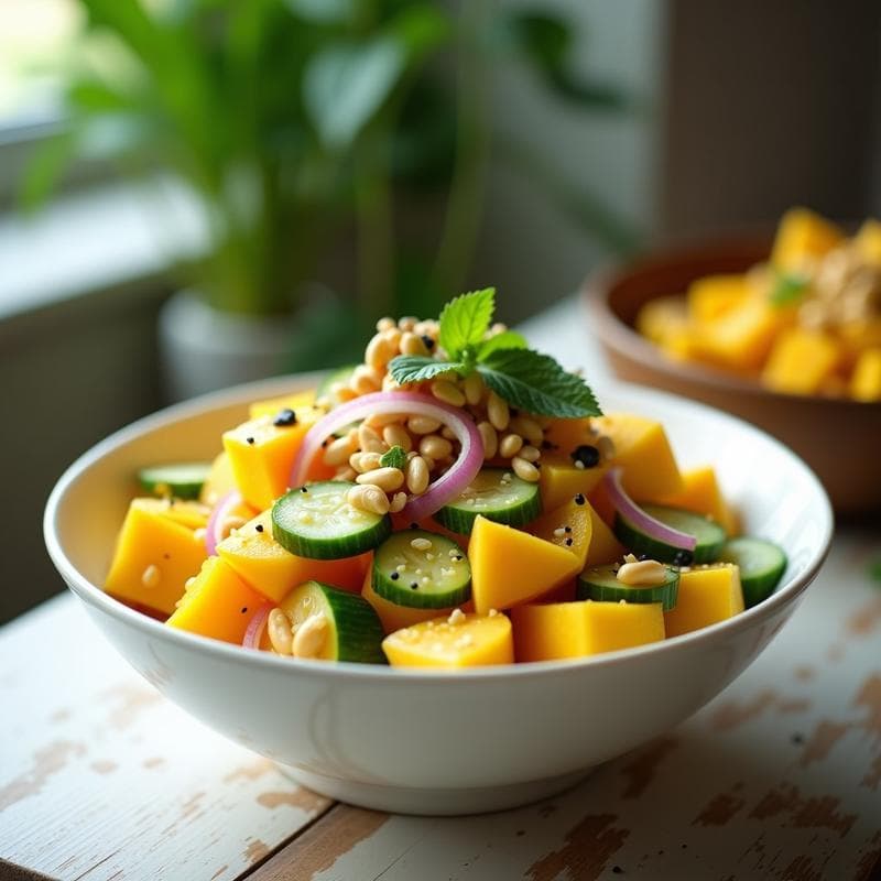 Ensalada de Mango, Pepino y Cacahuetes con Aderezo de Lima: Receta Vegana y Refrescante