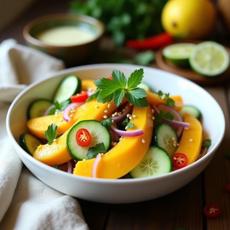 Ensalada de Mango, Pepino y Hojas de Cilantro: Receta Tailandesa Refrescante