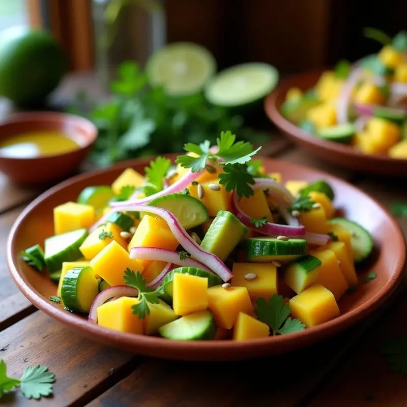 Ensalada de Mango y Pepino con Vinagreta de Limón y Chilpiquin: Receta Mexicana Picante