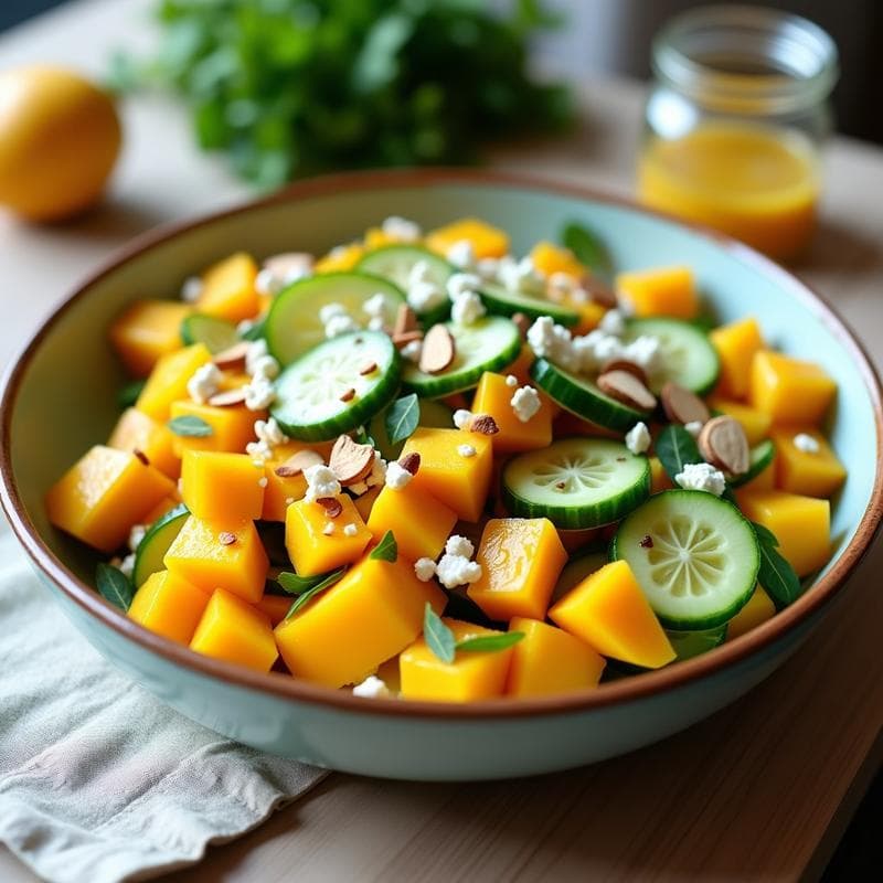 Ensalada de Mango, Pepino y Mentira con Aderezo de mostaza y miel: Receta Fresca en 10 Minutos