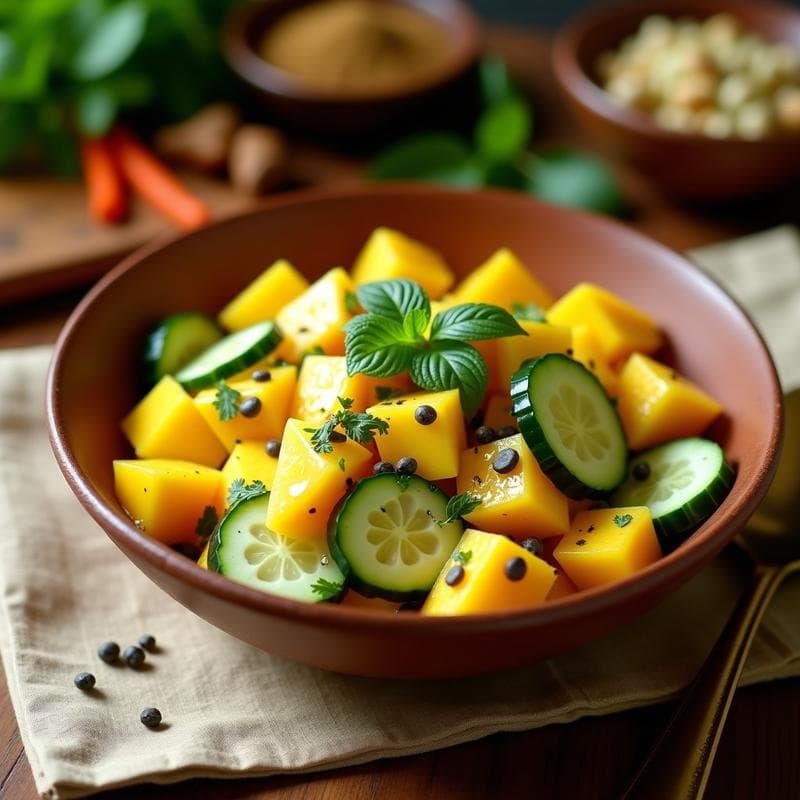Ensalada de Mango, Pepino y Semillas de Mostaza: Receta India Refrescante y Sin Cocción