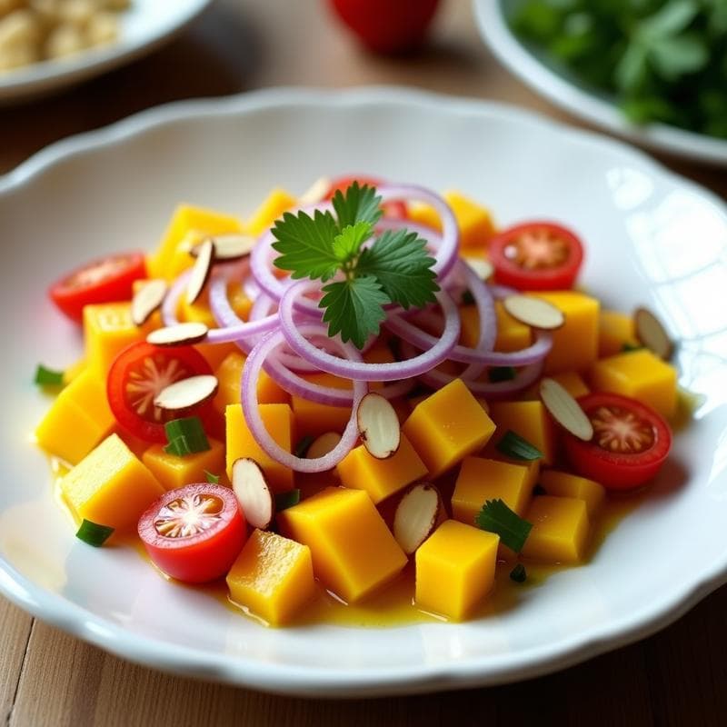 Ensalada de Mango y tomate cherry con Vinagreta de Limón y Cilantro: Receta Peruana Vegana