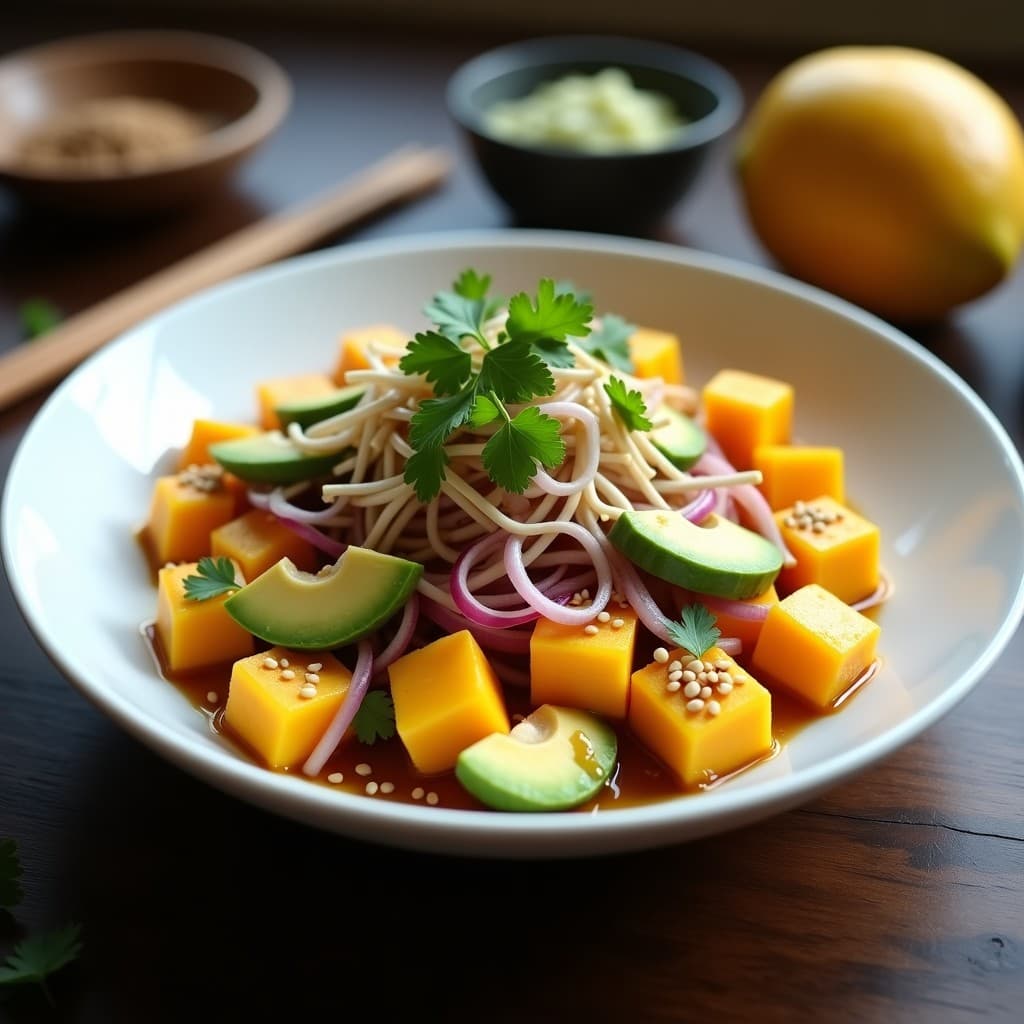 Ensalada de Mango y Ventresca de Atún con Vinagreta de Soja y Jengibre: Receta Fusion Japonés-Peruana