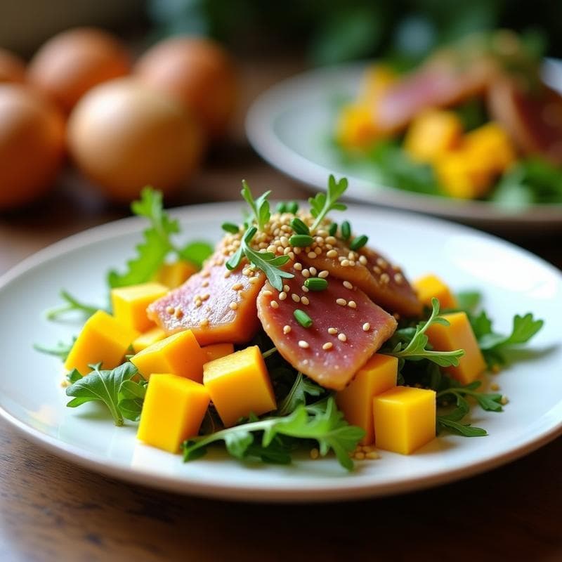 Ensalada de Mango y Ventresca con Crujiente de Sésamo: Receta Española Gourmet