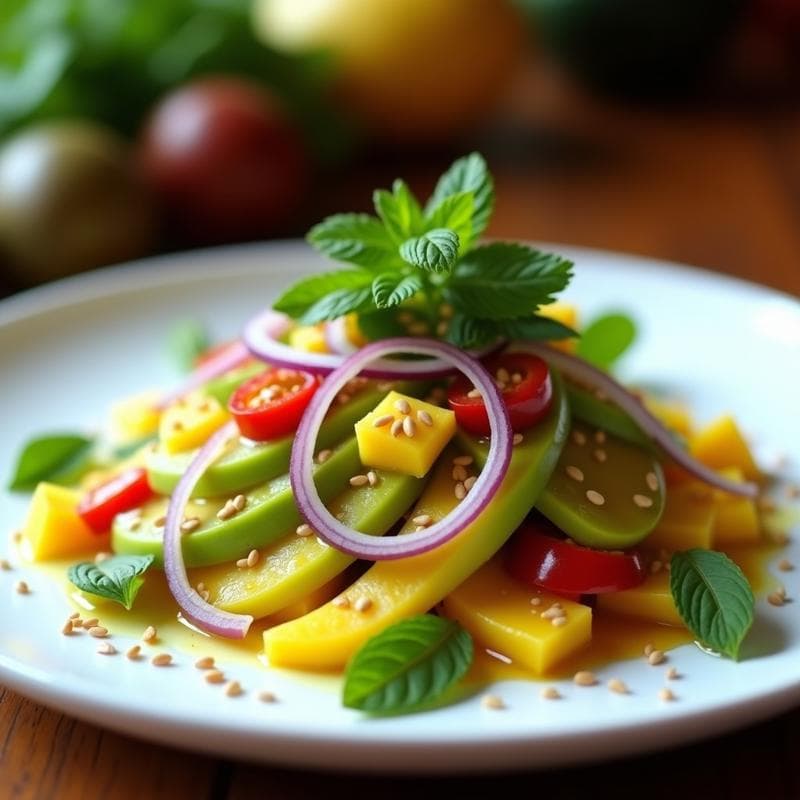 Ensalada de Mango Verde y Eddy (Flor de Izote): Receta Salvadoreña Vegana con Vinagreta de Maracuyá