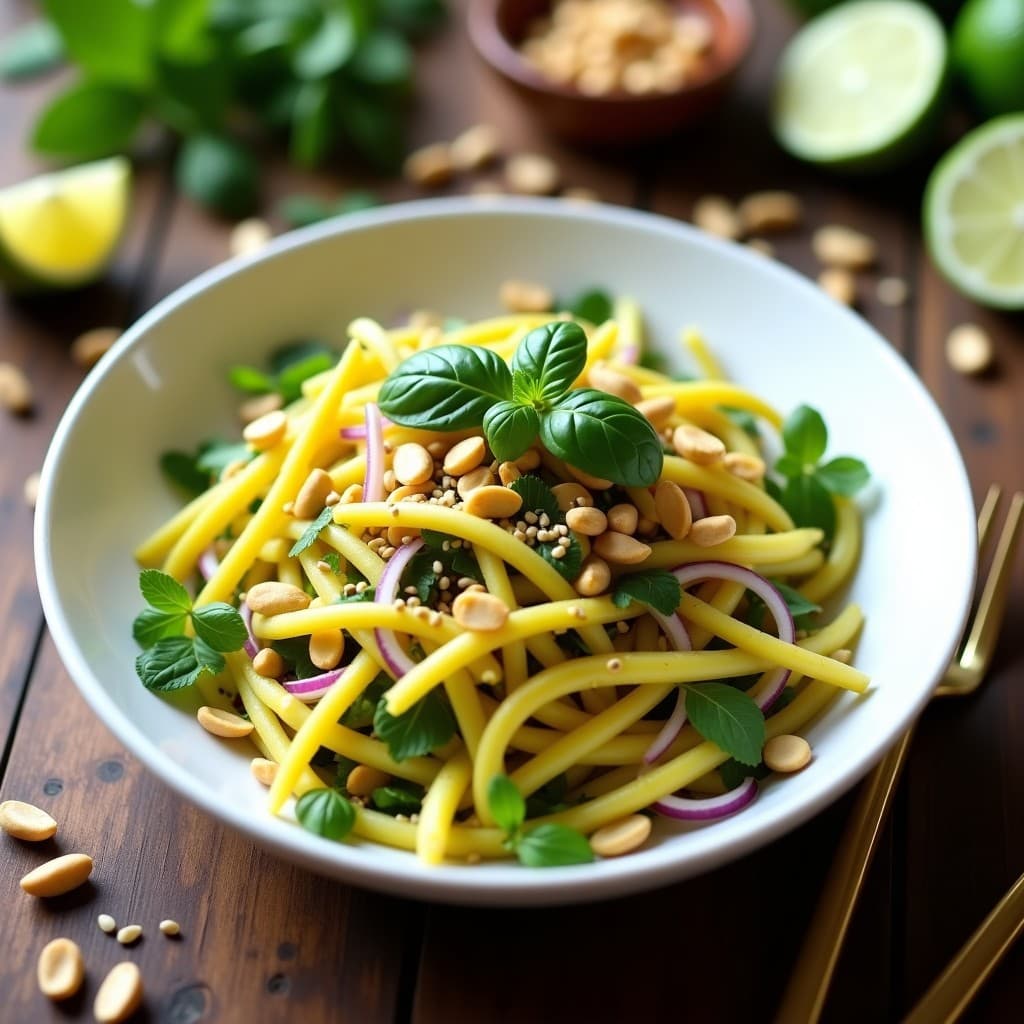 Ensalada de Mango Verde, Cacahuete y Hierbas Tailandesas con Vinagreta de Limón y Miel: Receta Vegana