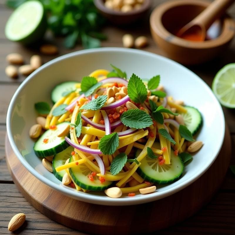 Ensalada de Mango Verde, Pepino y Cacahuetes con Aderezo de Tamarindo: Receta Tailandesa en 10 Minutos