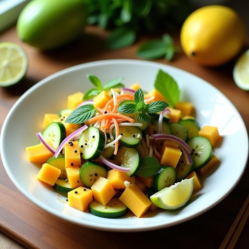 Ensalada de Mango Verde y Pepino con Vinagreta de Limón y Jengibre: Receta Tailandesa Detox