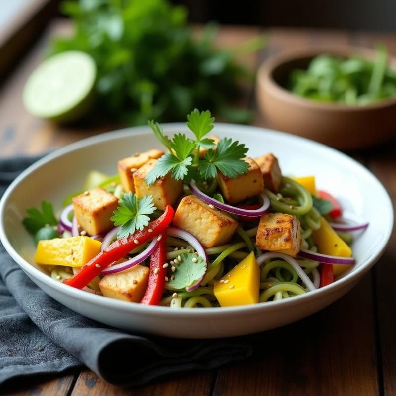 Ensalada de Mango Verde y Tofu Ahumado: Receta Tailandesa con Aderezo de Lima y Cilantro