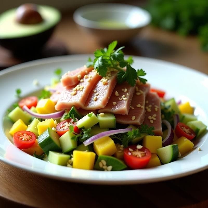 Ensalada de Mango Verde y Ventresca de Atún con Aderezo de Lima: Receta Peruana Alta en Proteína