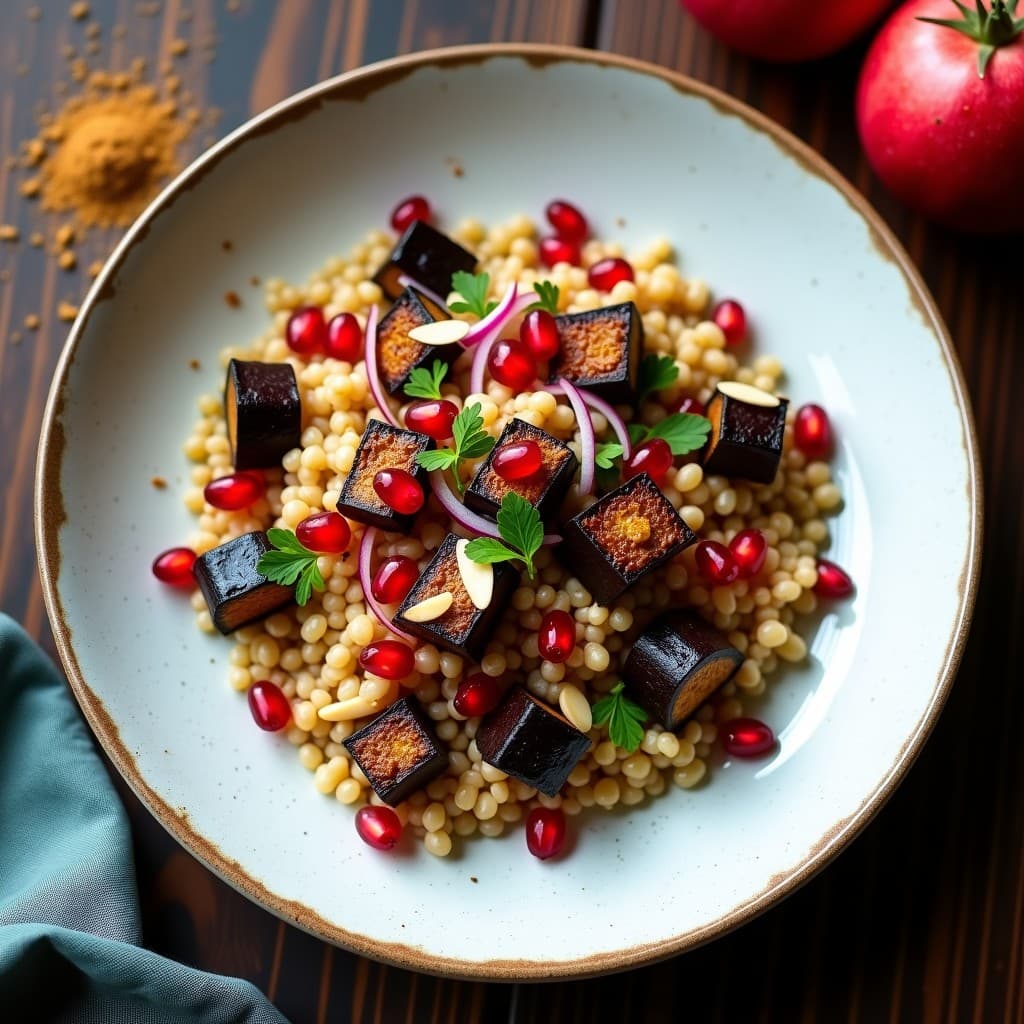 Ensalada de Mijo con Berenjena Asada y Vinagreta de Granado: Receta Persa Vegana