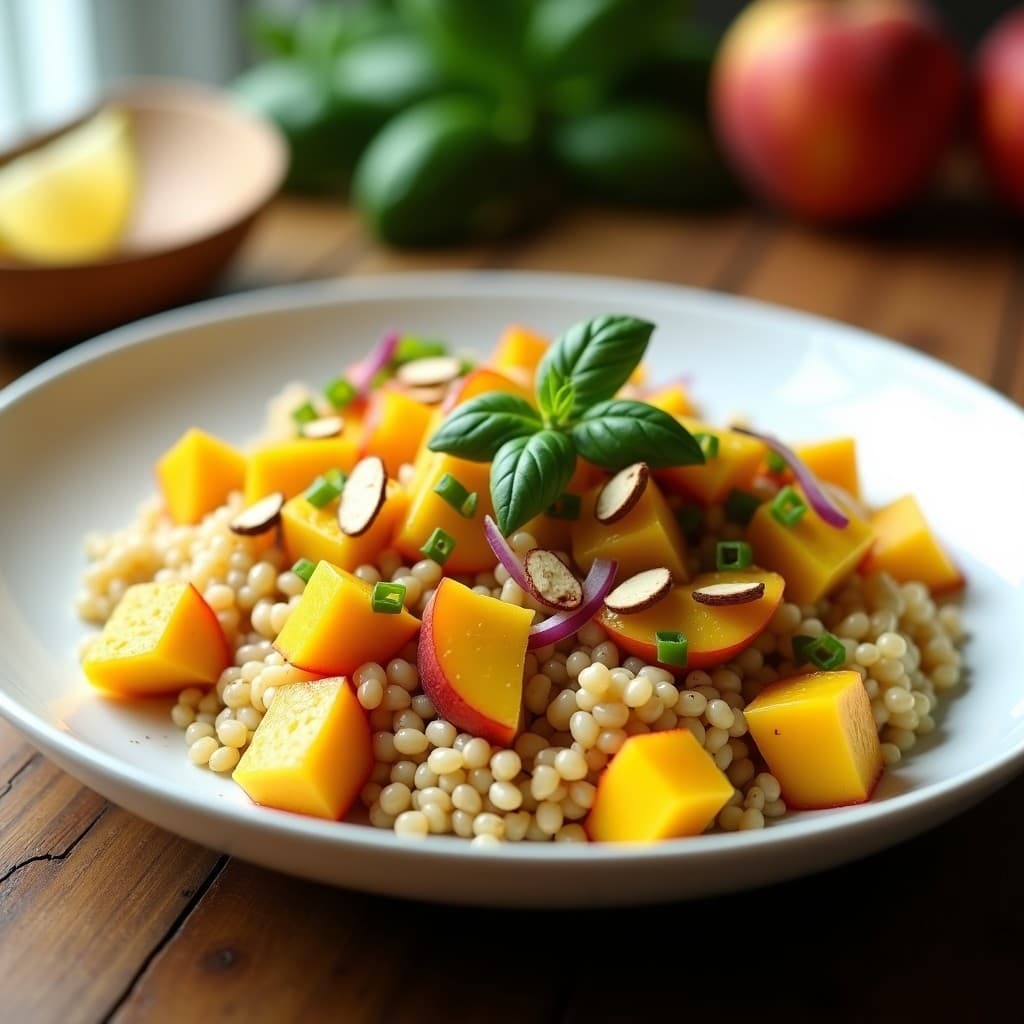 Ensalada de Mijo con Melocotón y Vinagreta de Albahaca: Receta Mediterránea Vegana en 15 Minutos