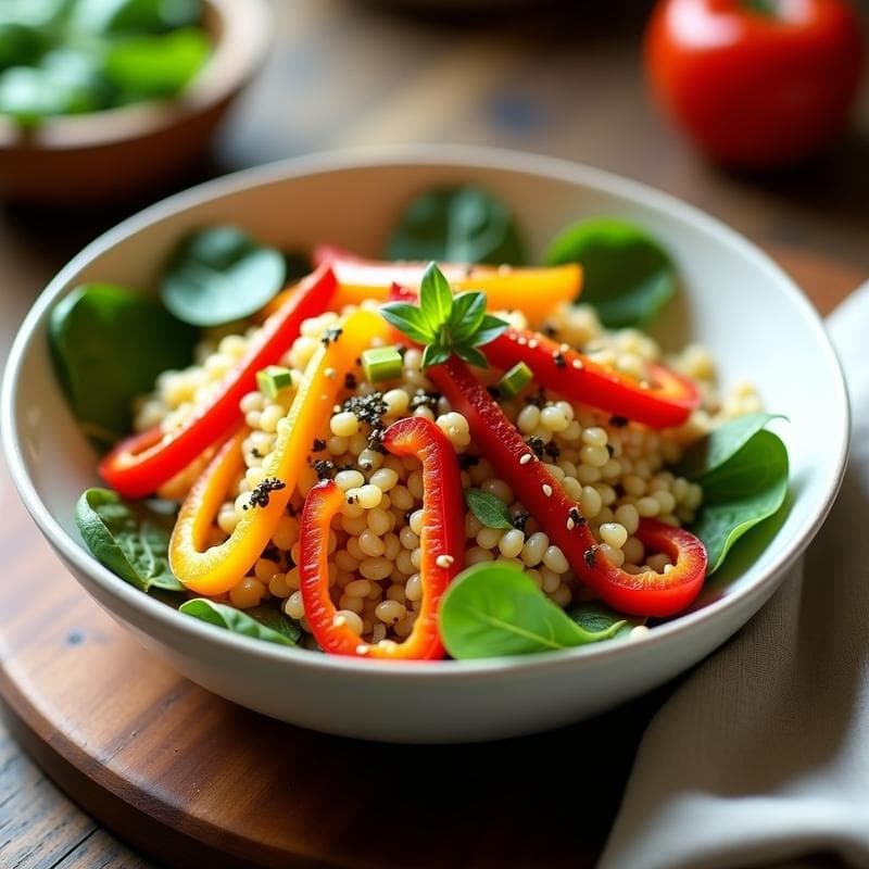 Ensalada de Mijo y Pimientos Asados: Receta Vegana y Sin Gluten con Aderezo de Mostaza
