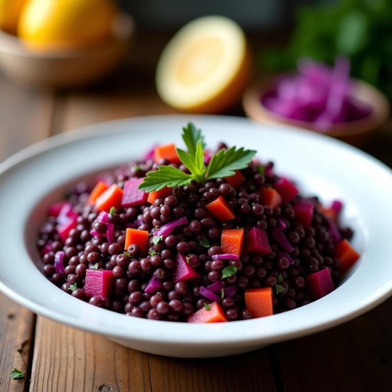 Ensalada Morada de Lentejas Negras con Vinagreta Cítrica: Receta Alta en Hierro y Sin Gluten